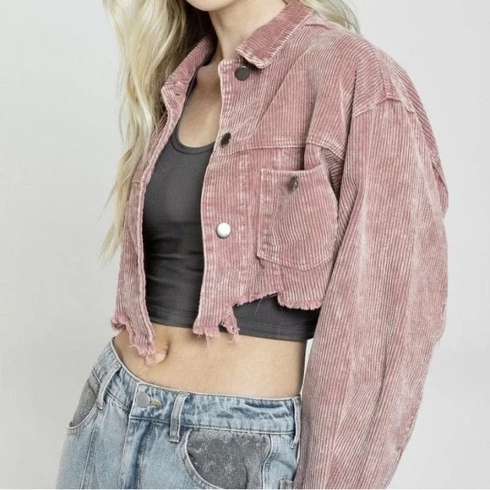 POL Women's Cropped Corduroy Dusty Rose‎ Pink Lightweight Relaxed Jacket Small